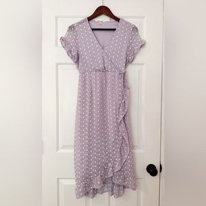 Miami size medium lilac eyelet midi dress with embroidered white flowers.